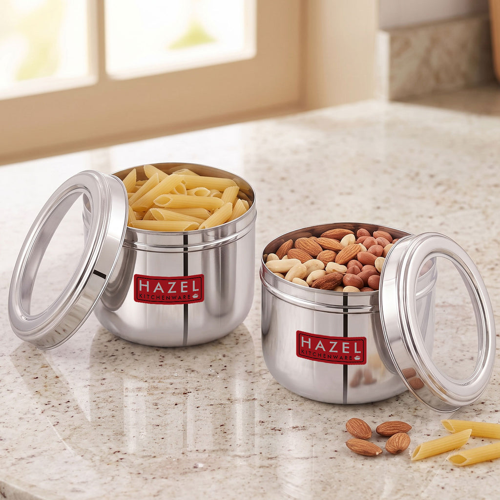 1000 ml Steel Container, Transparent Lid Kitchen Jar, Set of 2