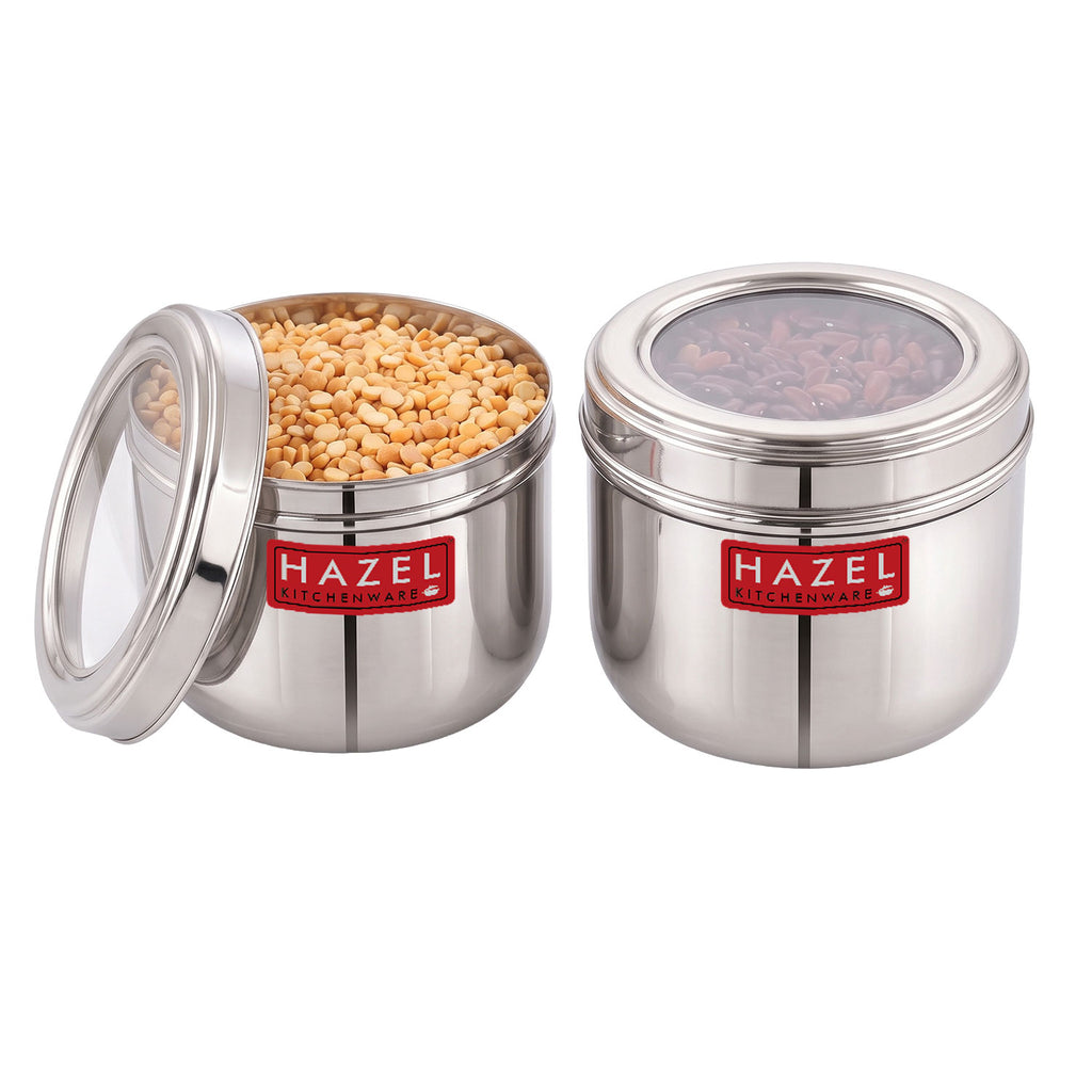 1000 ml Steel Container, Transparent Lid Kitchen Jar, Set of 2