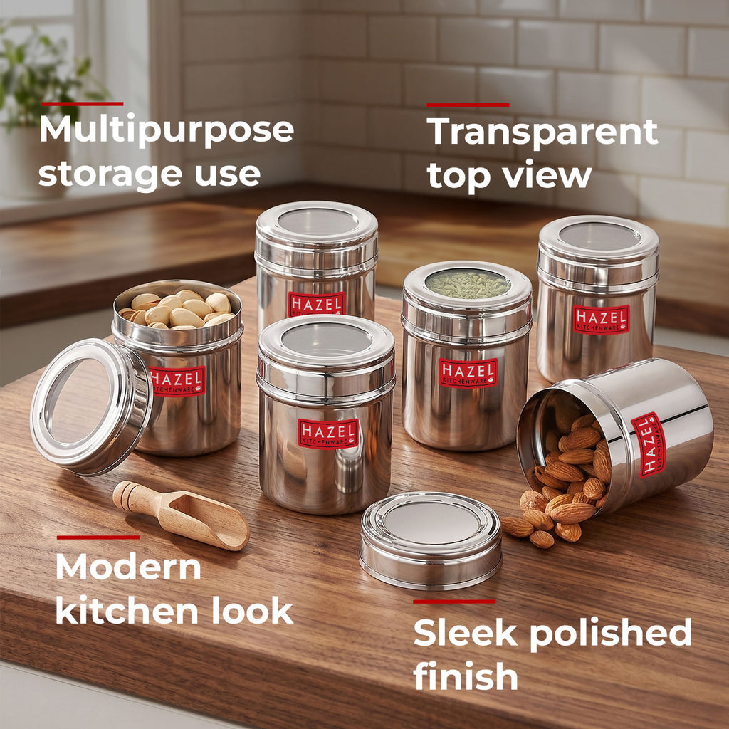 Stainless Steel See-Through Container with Transparent Lid, 250 ml, Set Of 6