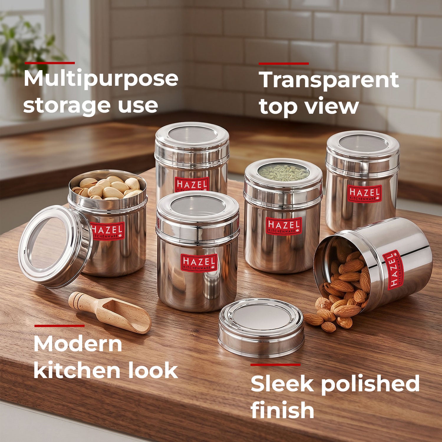 Stainless Steel See-Through Container with Transparent Lid, 250 ml, Set Of 6