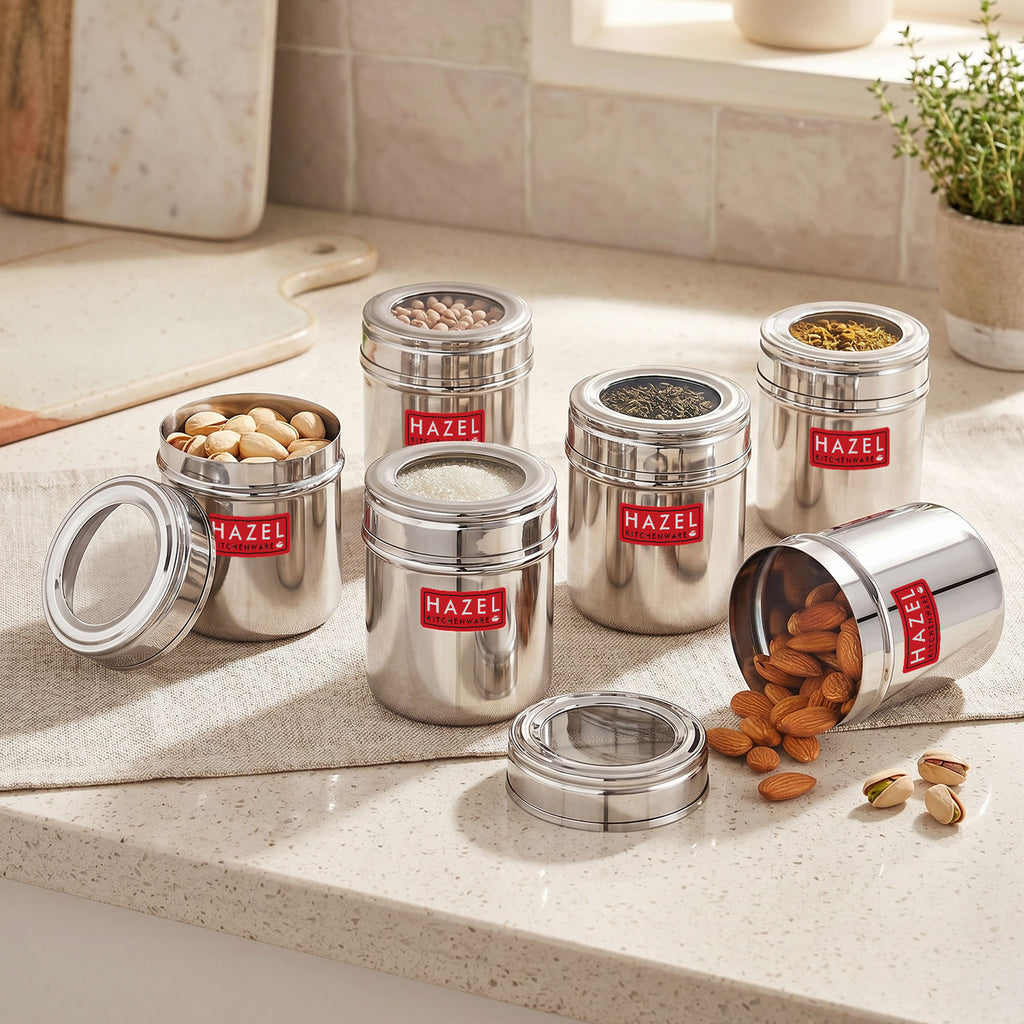 Stainless Steel See-Through Container with Transparent Lid, 250 ml, Set Of 6