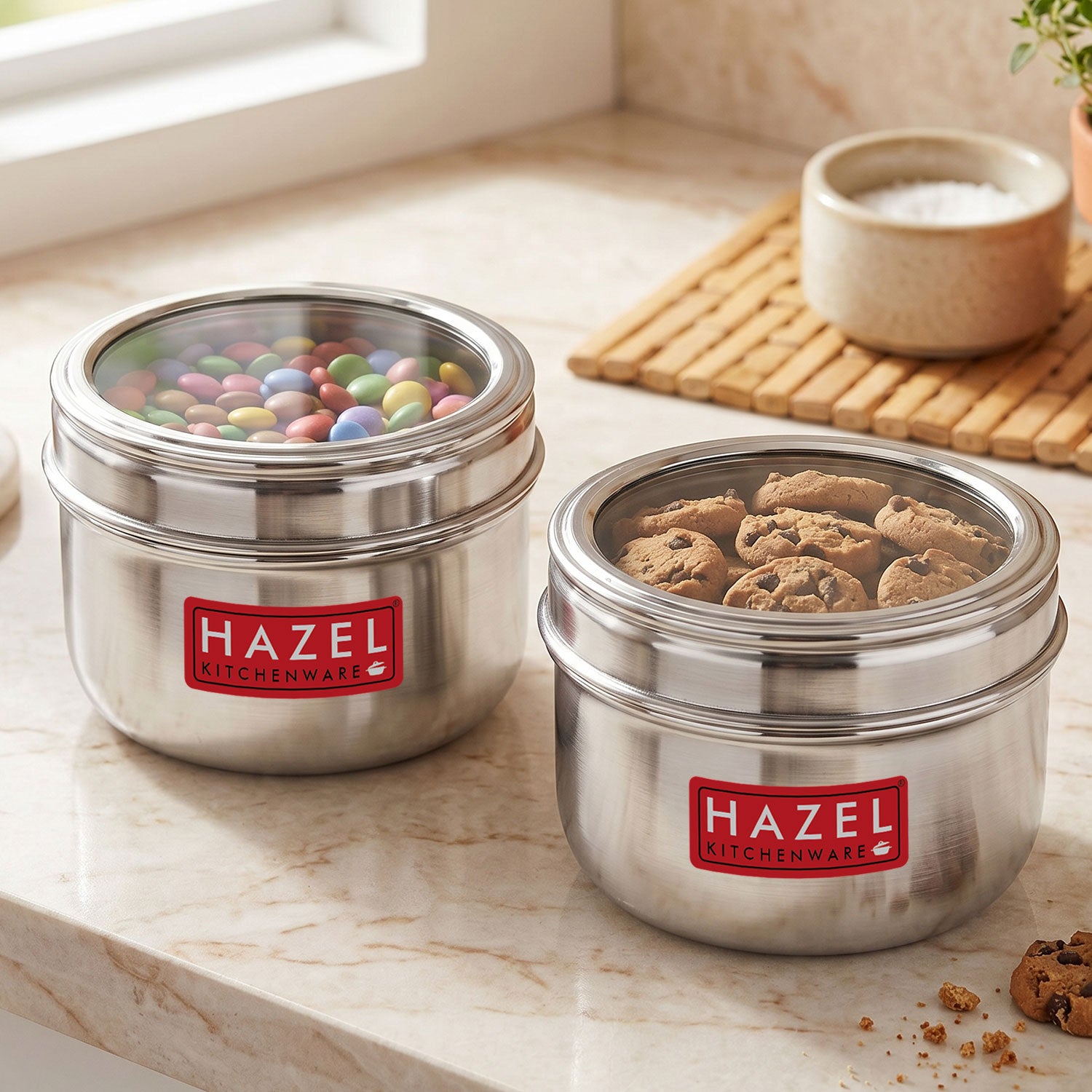 Stainless Steel Round See-Through Container with Transparent Lid, 800ml, Set Of 2