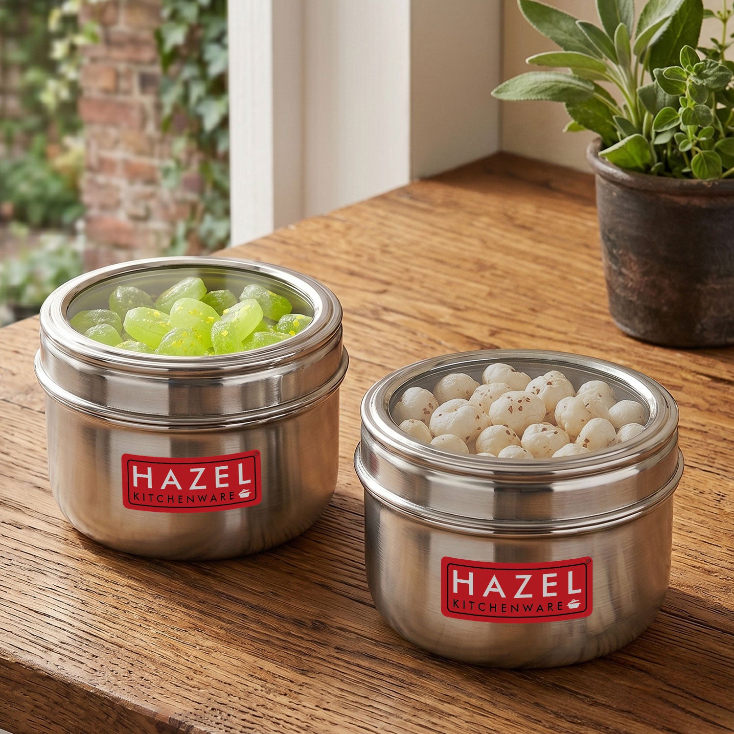 Stainless Steel Round See-Through Container with Transparent Lid, 800ml, Set Of 2