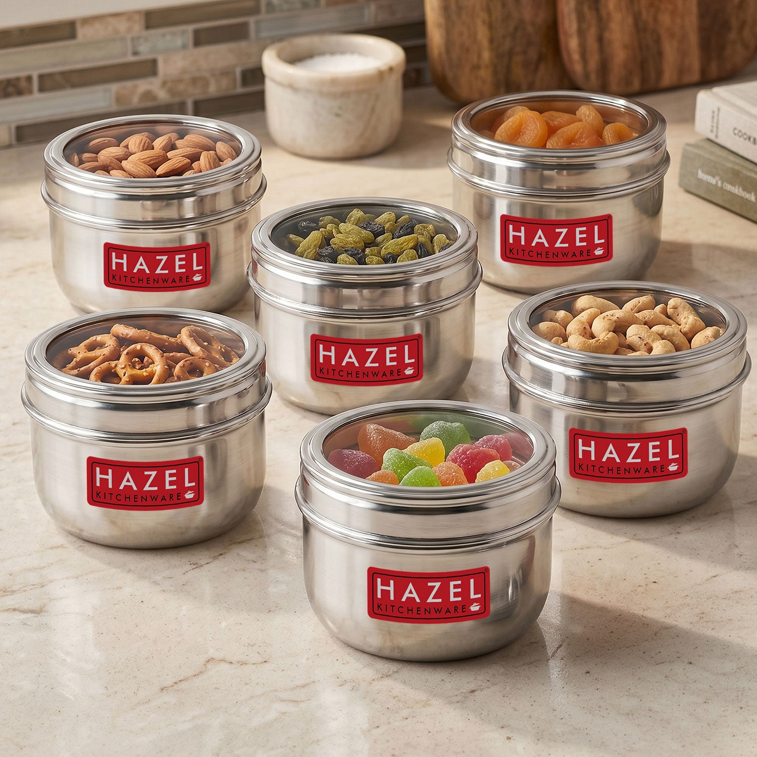 Stainless Steel Round See-Through Container with Transparent Lid, 800ml, Set Of 6