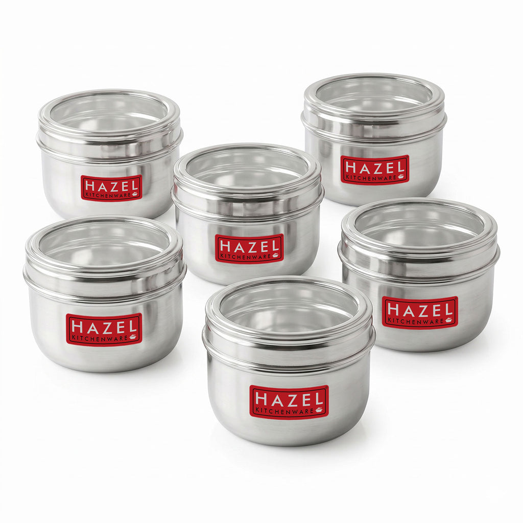 Stainless Steel Round See-Through Container with Transparent Lid, 800ml, Set Of 6