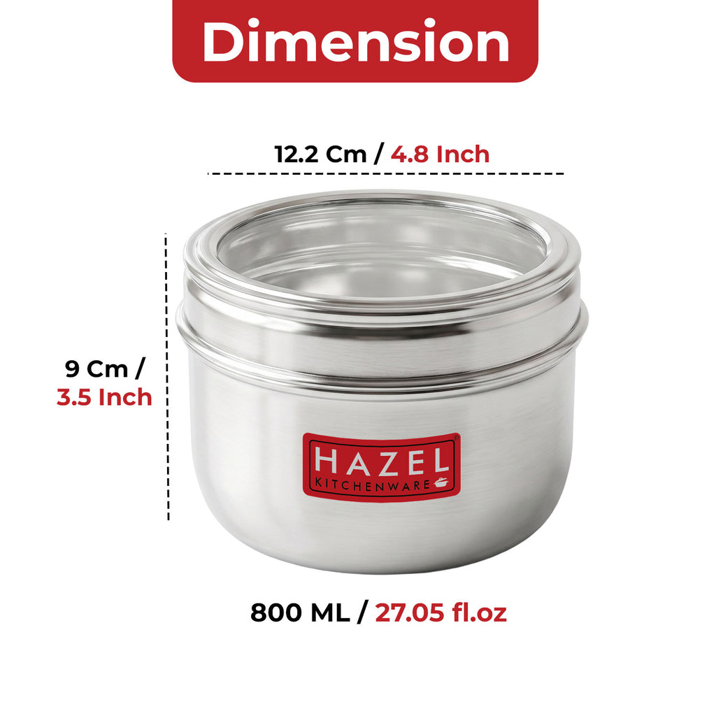 Stainless Steel Round See-Through Container with Transparent Lid, 800ml, Set Of 6