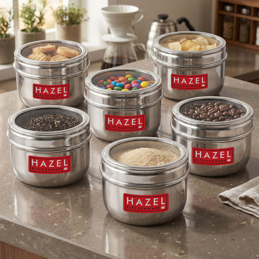 Stainless Steel Round See-Through Container with Transparent Lid, 800ml, Set Of 6