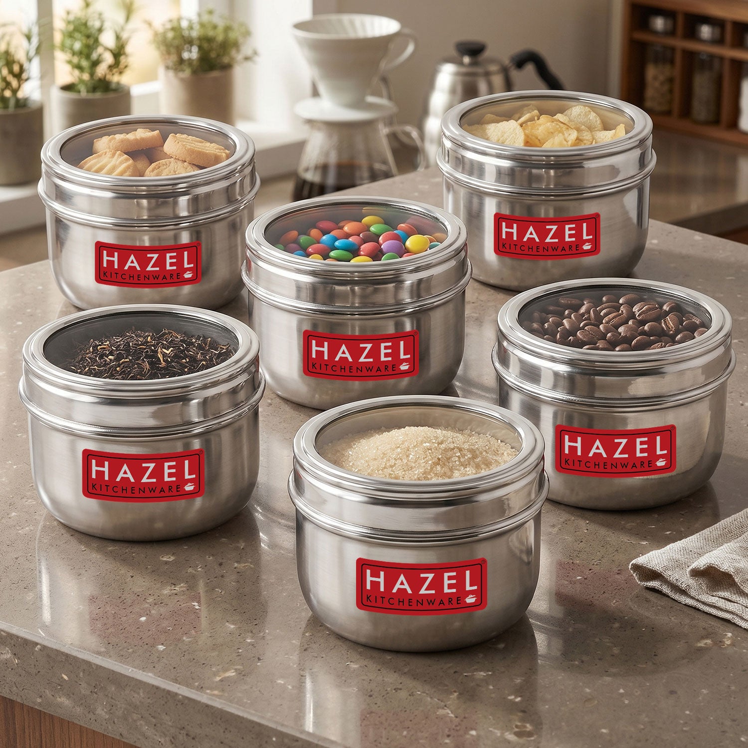 Stainless Steel Round See-Through Container with Transparent Lid, 800ml, Set Of 6