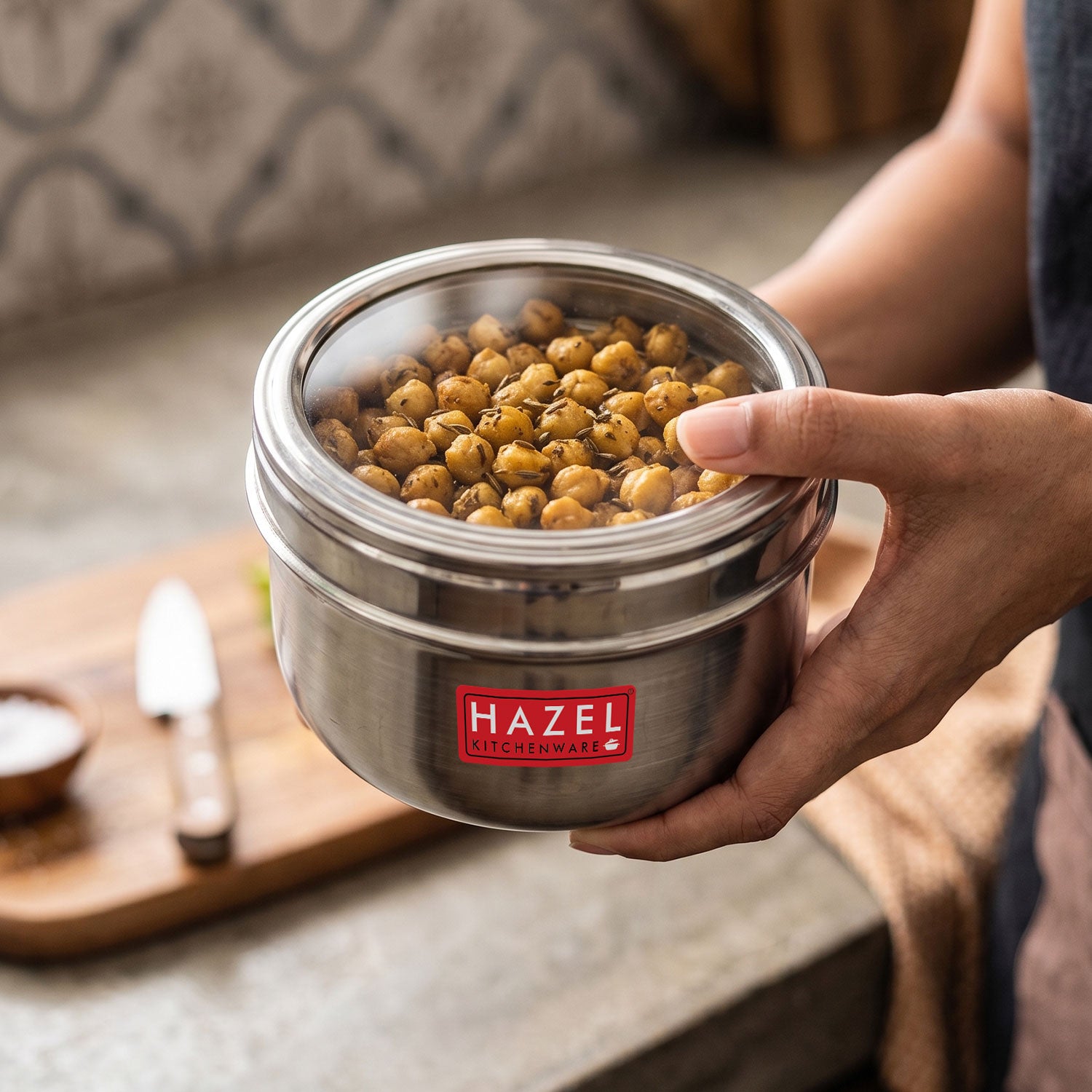 Stainless Steel Round See-Through Container with Transparent Lid, 800ml, Set Of 6