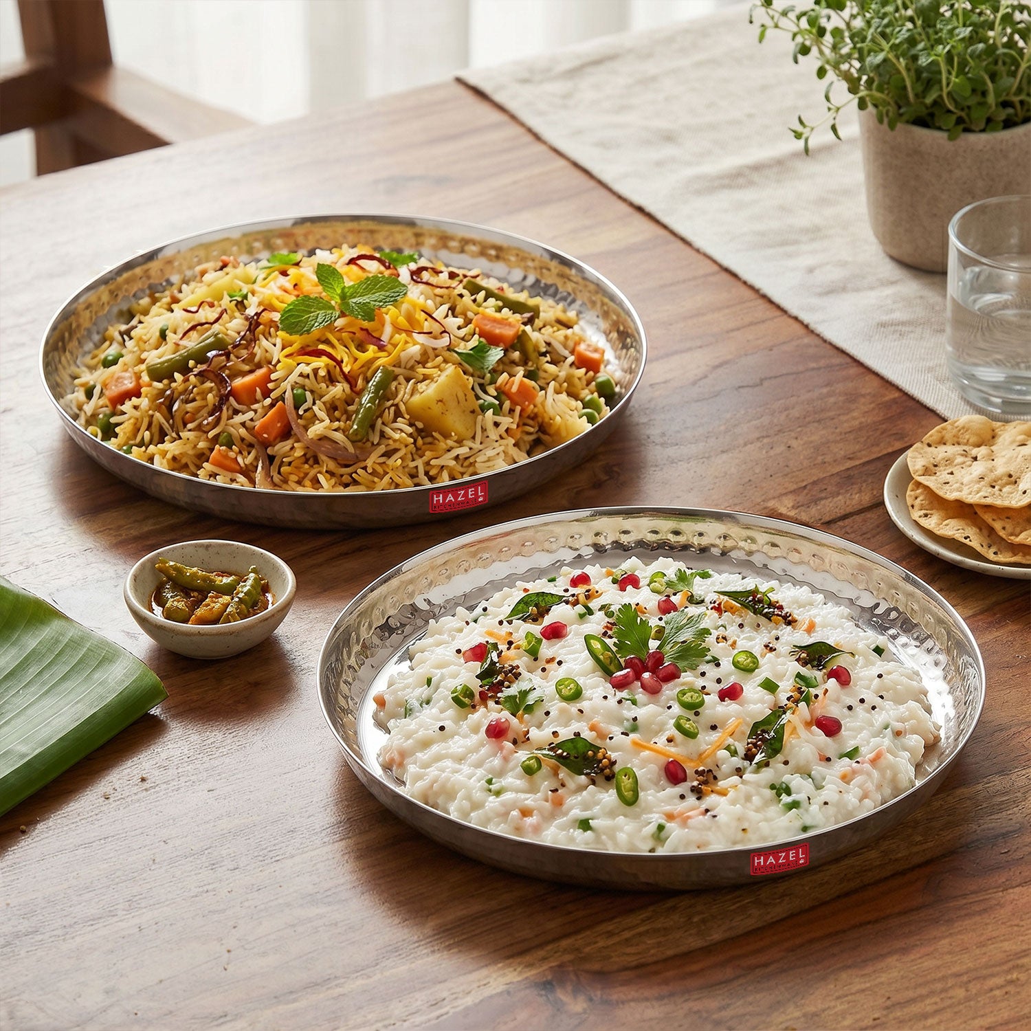 Stainless Steel Side Hammered Lunch Thali, Dinner Plate Food Serving Plate, 25cm, Set Of 2