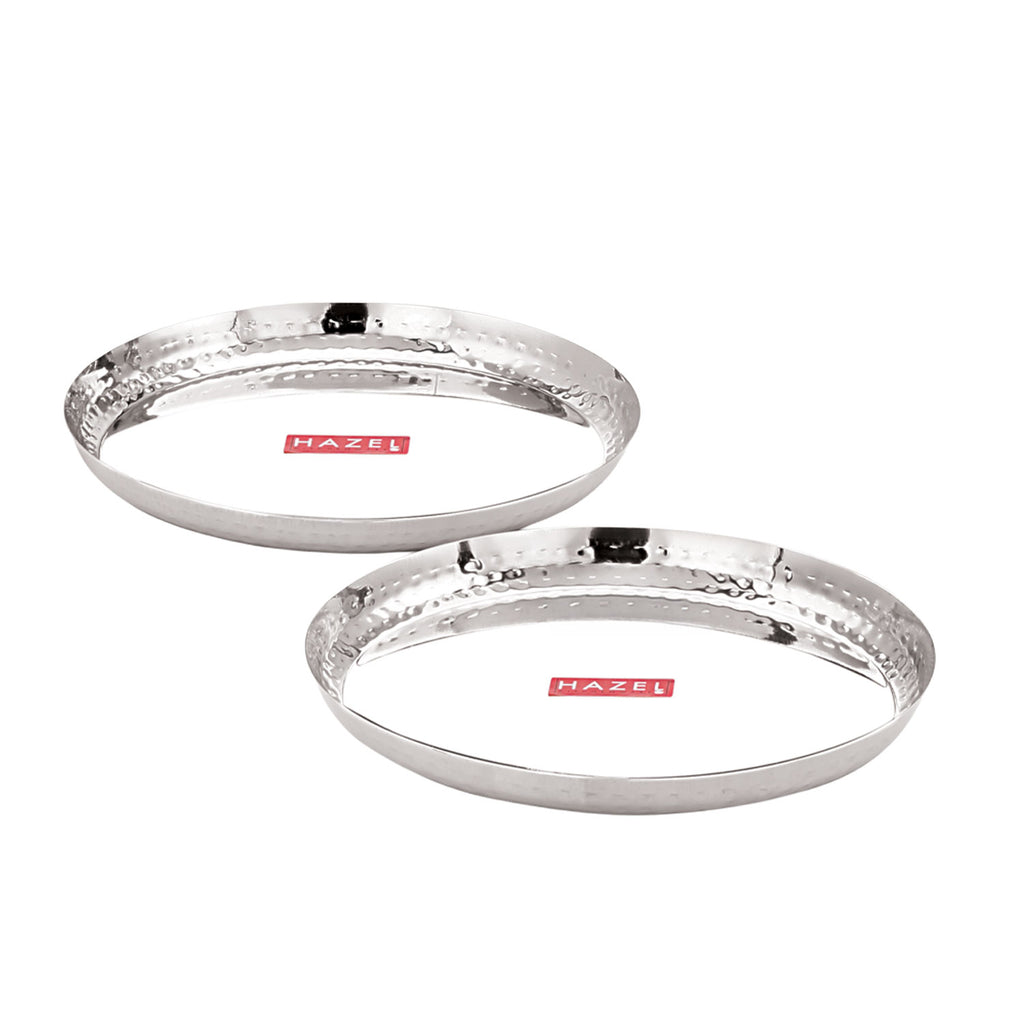 Stainless Steel Side Hammered Lunch Thali, Dinner Plate Food Serving Plate, 25cm, Set Of 2