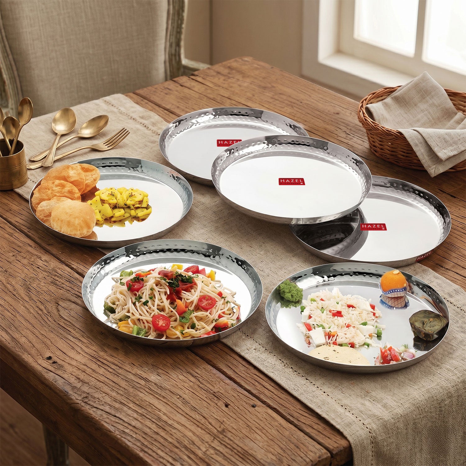 Stainless Steel Side Hammered Lunch Thali, Dinner Plate Food Serving Plate, 25cm, Set Of 6