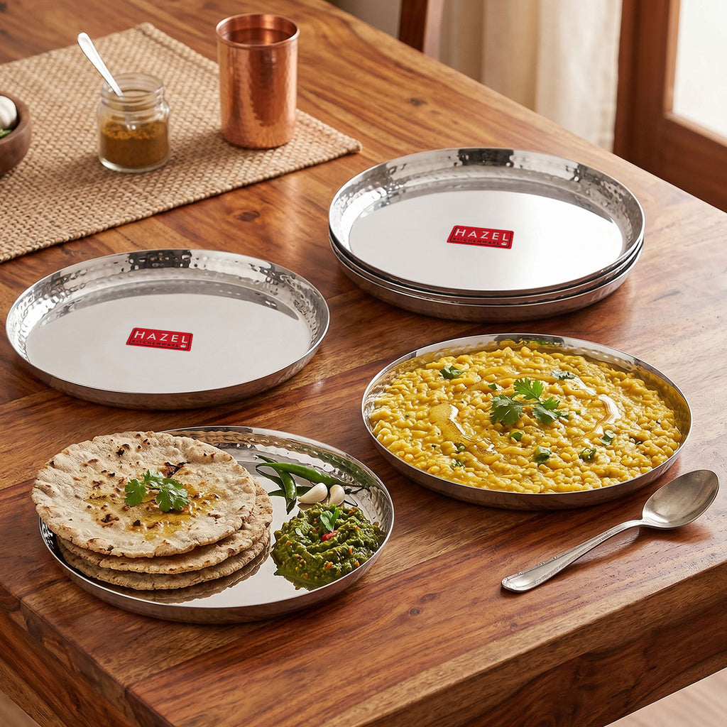 Stainless Steel Side Hammered Lunch Thali, Dinner Plate Food Serving Plate, 25cm, Set Of 6