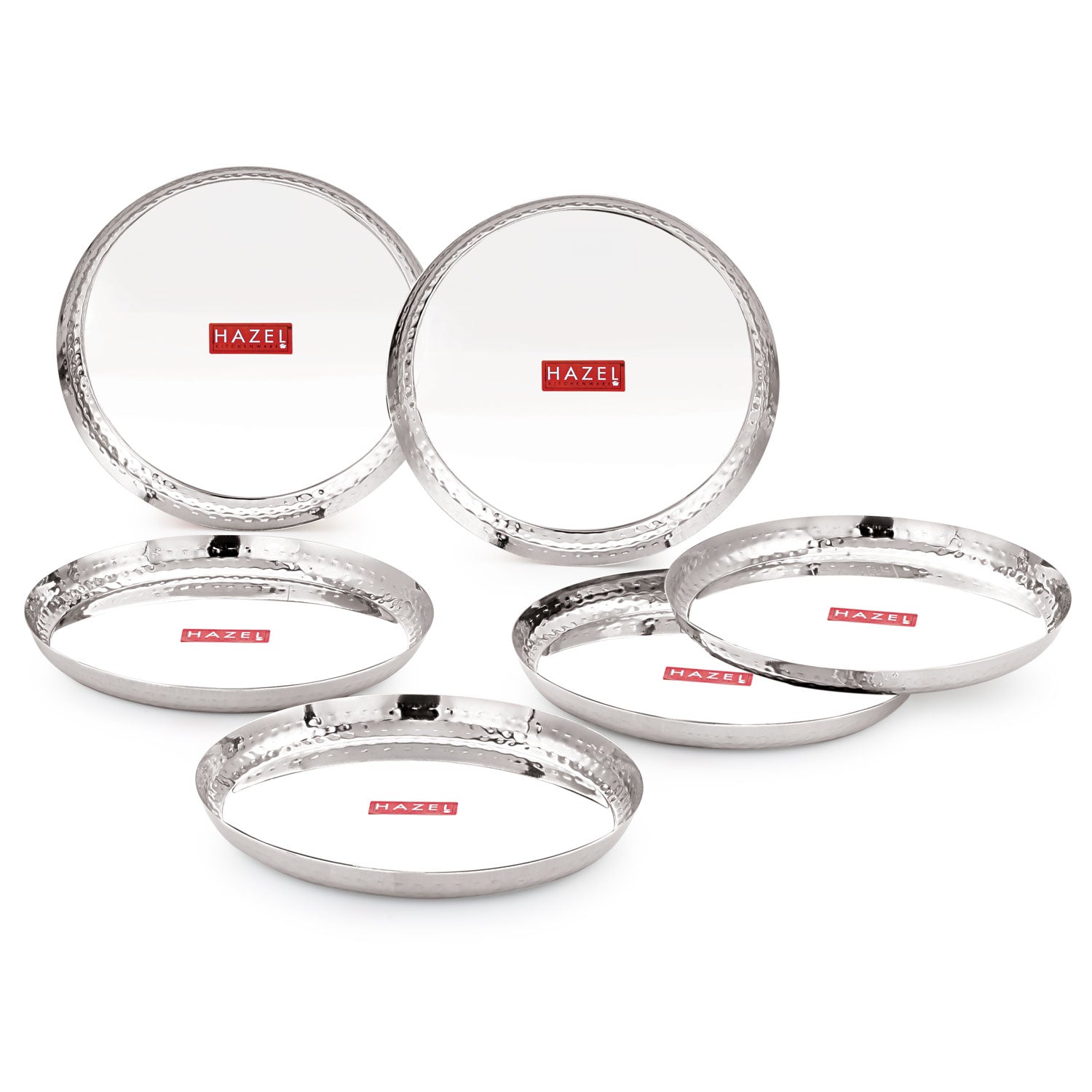 Stainless Steel Side Hammered Lunch Thali, Dinner Plate Food Serving Plate, 25cm, Set Of 6