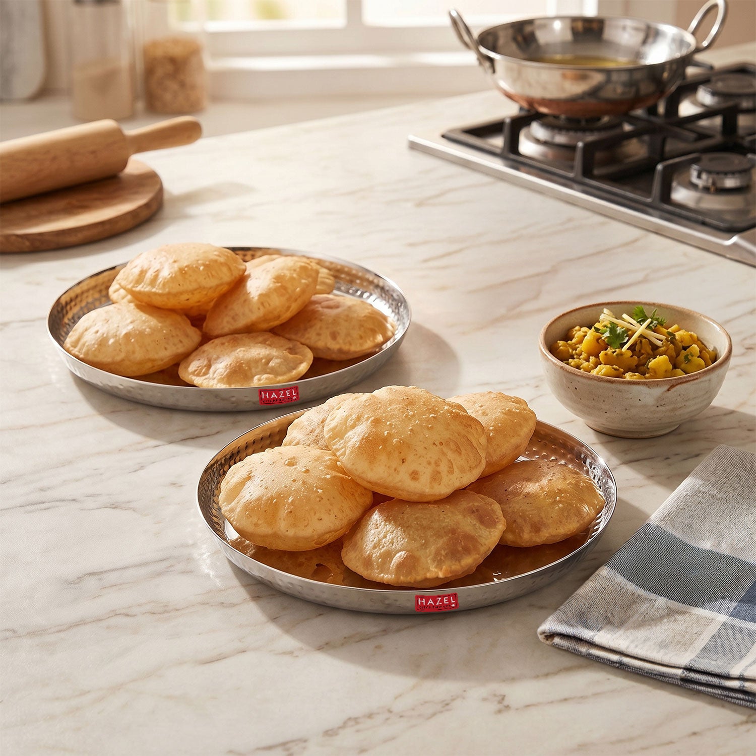 Stainless Steel Side Hammered Lunch Thali, Dinner Plate Food Serving Plate, 29.7cm, Set Of 2