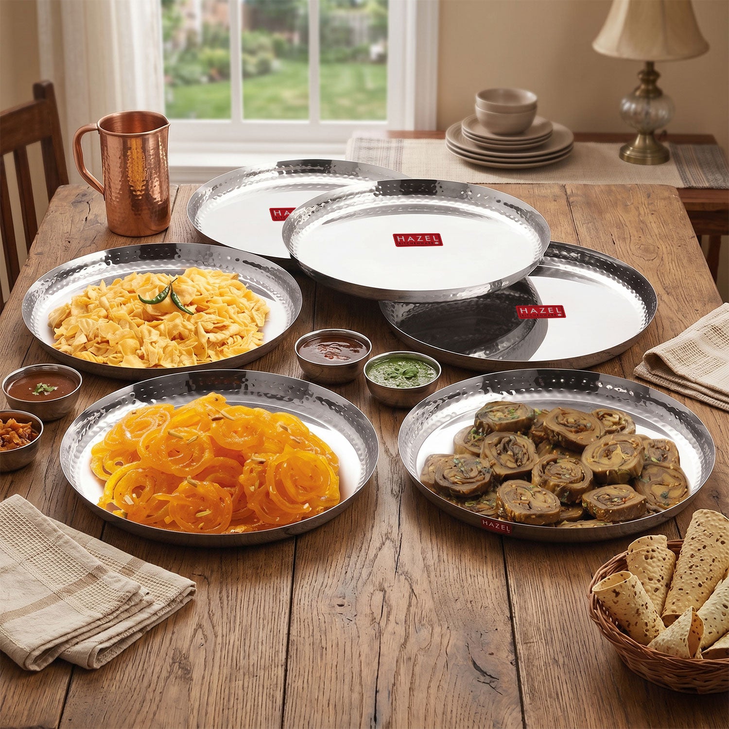 Stainless Steel Side Hammered Lunch Thali, Dinner Plate Food Serving Plate, 29.7cm, Set Of 6