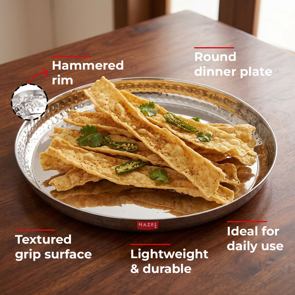 Stainless Steel Side Hammered Lunch Thali, Dinner Plate Food Serving Plate, 29.7cm, Set Of 6