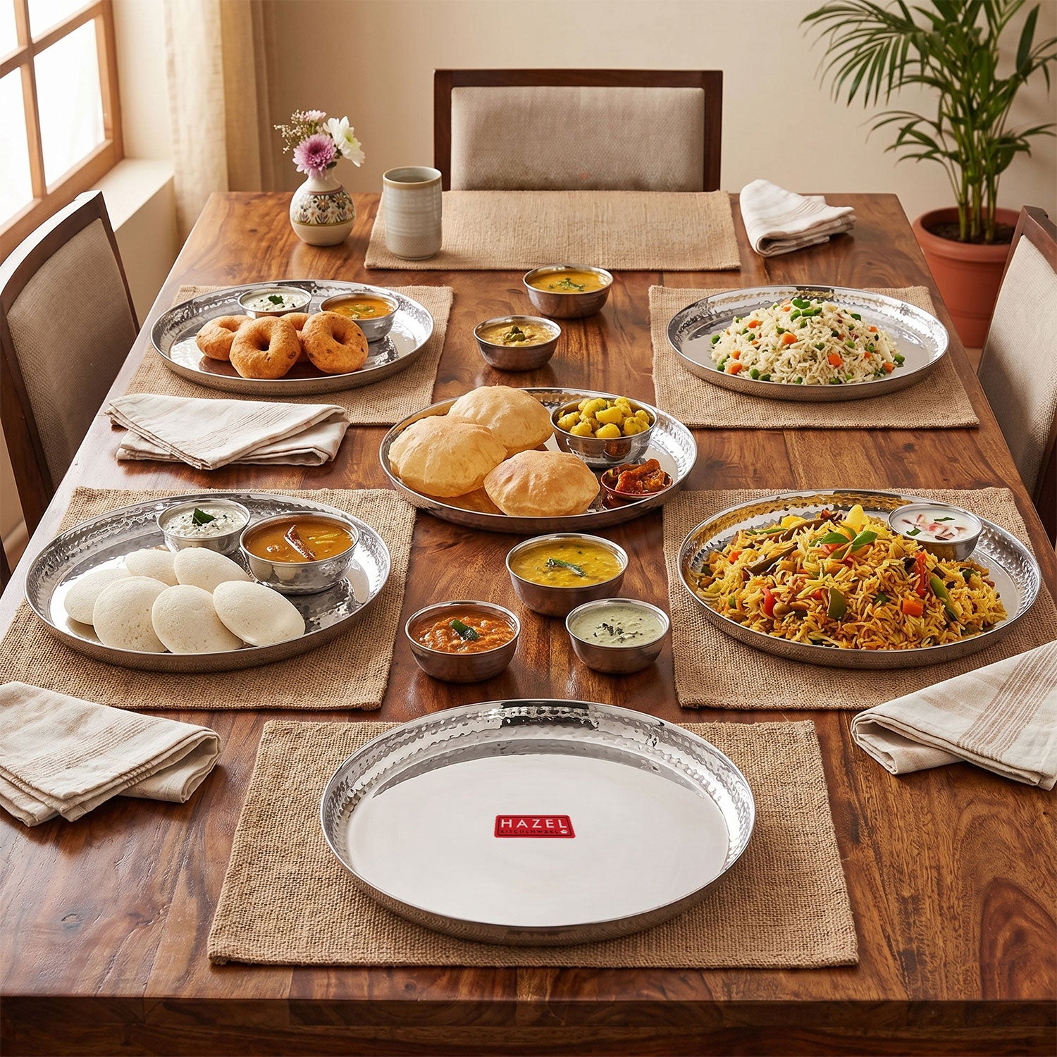 Stainless Steel Side Hammered Lunch Thali, Dinner Plate Food Serving Plate, 29.7cm, Set Of 6