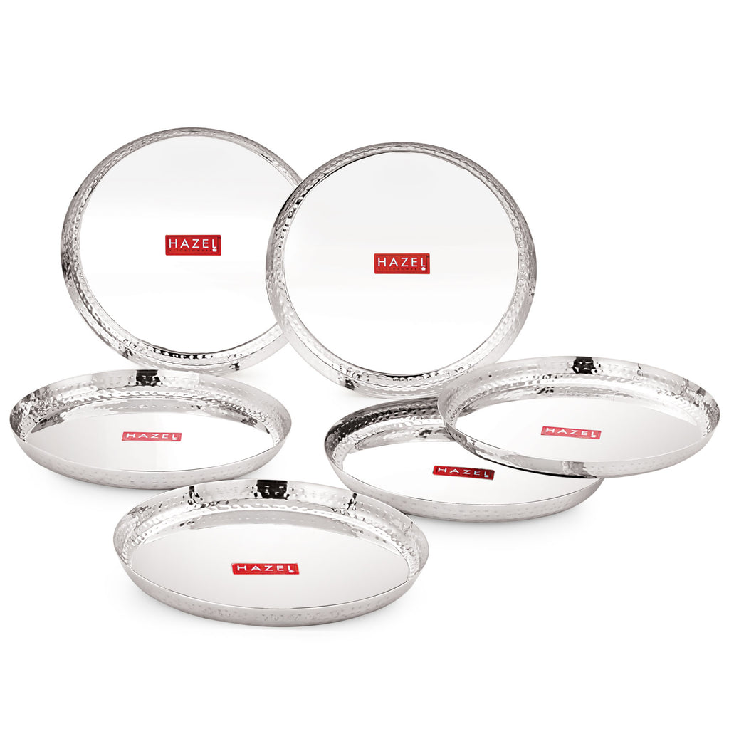 Stainless Steel Side Hammered Lunch Thali, Dinner Plate Food Serving Plate, 29.7cm, Set Of 6