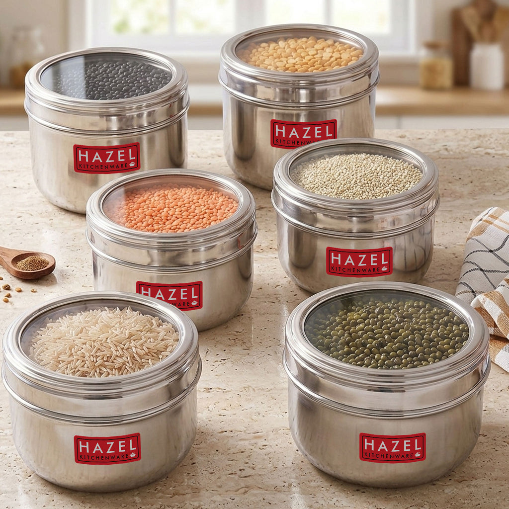 Stainless Steel Storage Container with Transparent Lid, 1100ml, Set Of 6