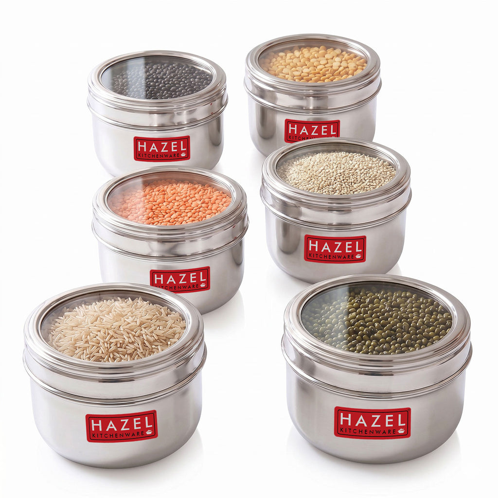 Stainless Steel Storage Container with Transparent Lid, 1100ml, Set Of 6