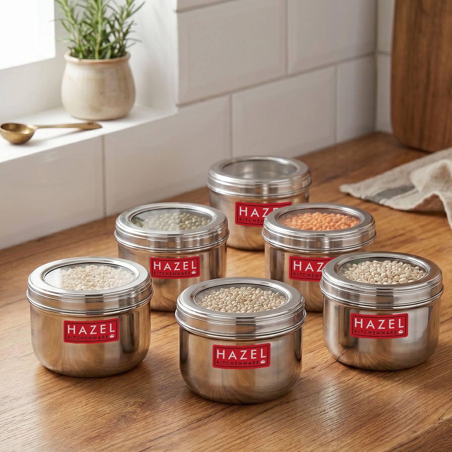 Stainless Steel Storage Container with Transparent Lid, 1100ml, Set Of 6