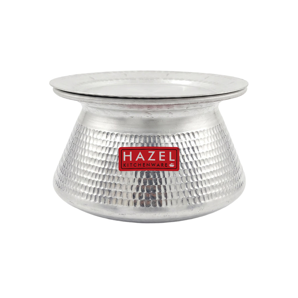 Aluminium hammered handi with its lid on, front-facing view on a white background.