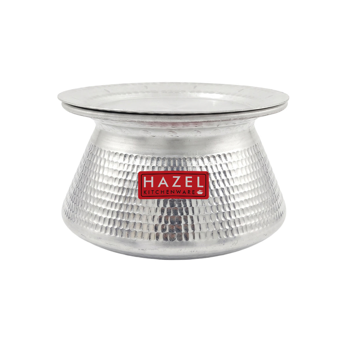 Aluminium hammered handi with its lid on, front-facing view on a white background.