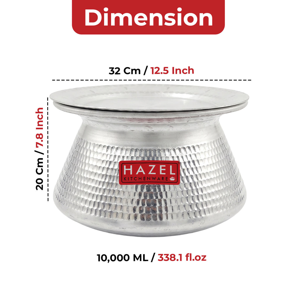 Handi with lid shown with dimension callouts of 32cm diameter, 20cm height, and 10,000ML capacity.