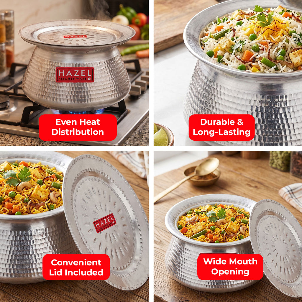 Four kitchen scenes of the handi in use, annotated with feature badges: durable and long-lasting, convenient lid.