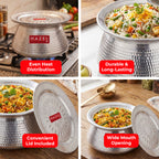 Four kitchen scenes of the handi in use, annotated with feature badges: durable and long-lasting, convenient lid.