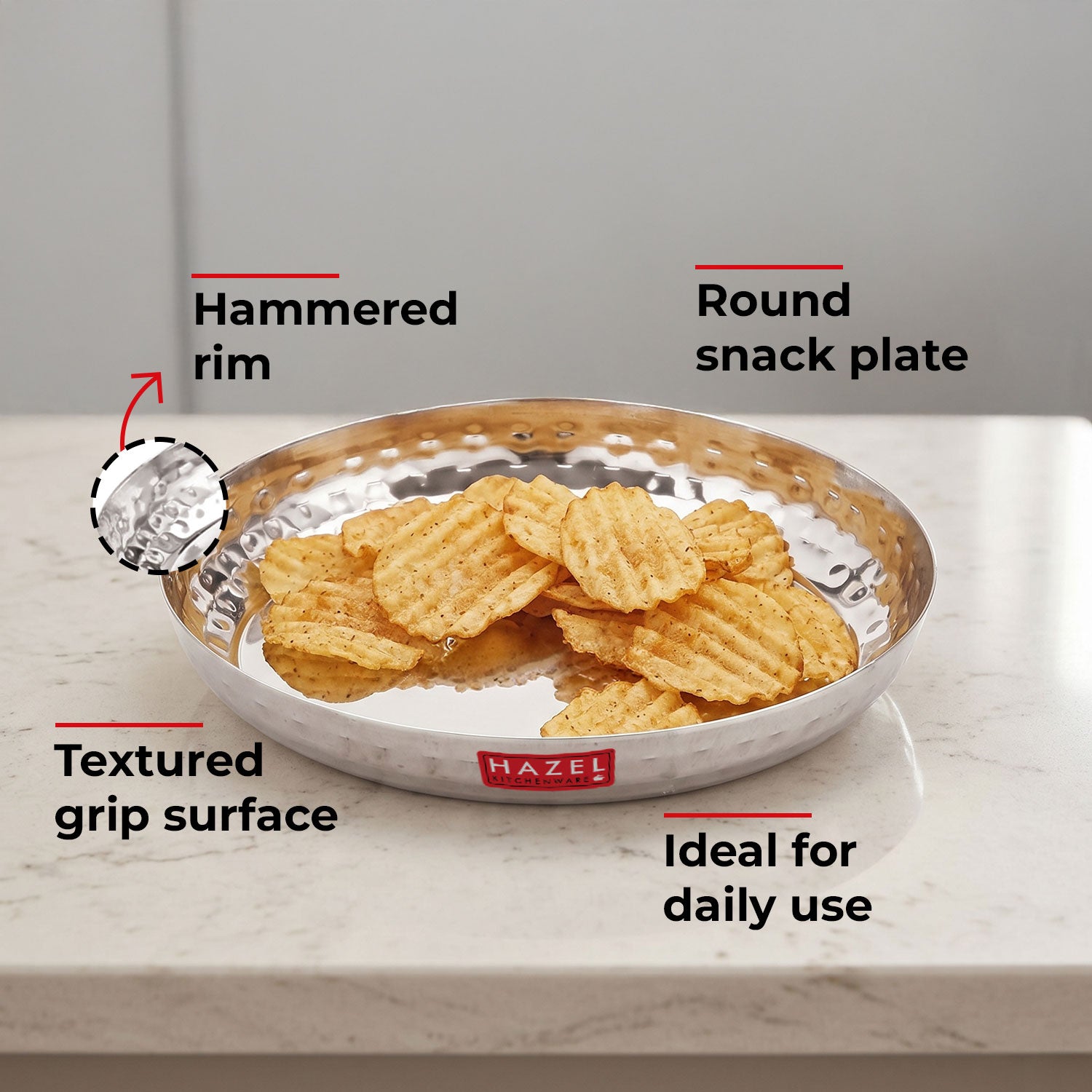 Hammered Finish Stainless Steel Serving Plate Set of 6 for Snacks, 18cm