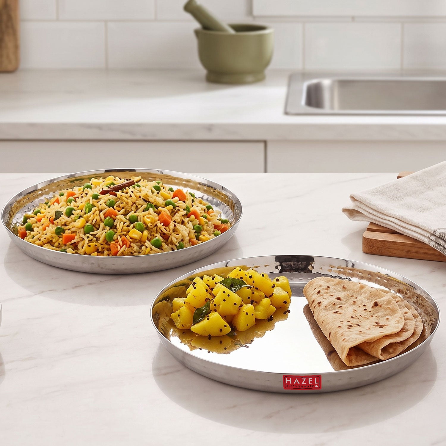 Stainless Steel Lunch Plate Set of 2, 23cm Hammered Thali Plate
