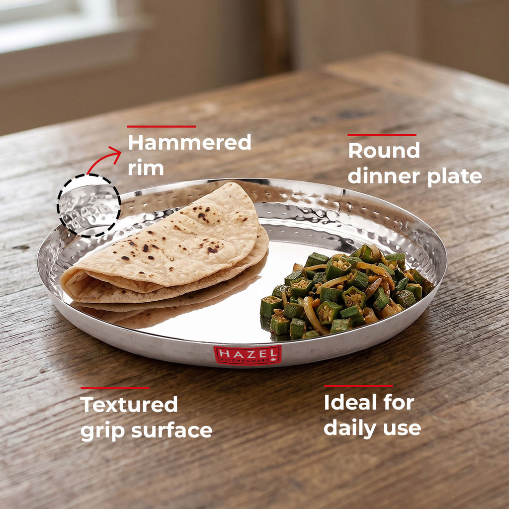 Stainless Steel Lunch Plate Set of 2, 23cm Hammered Thali Plate