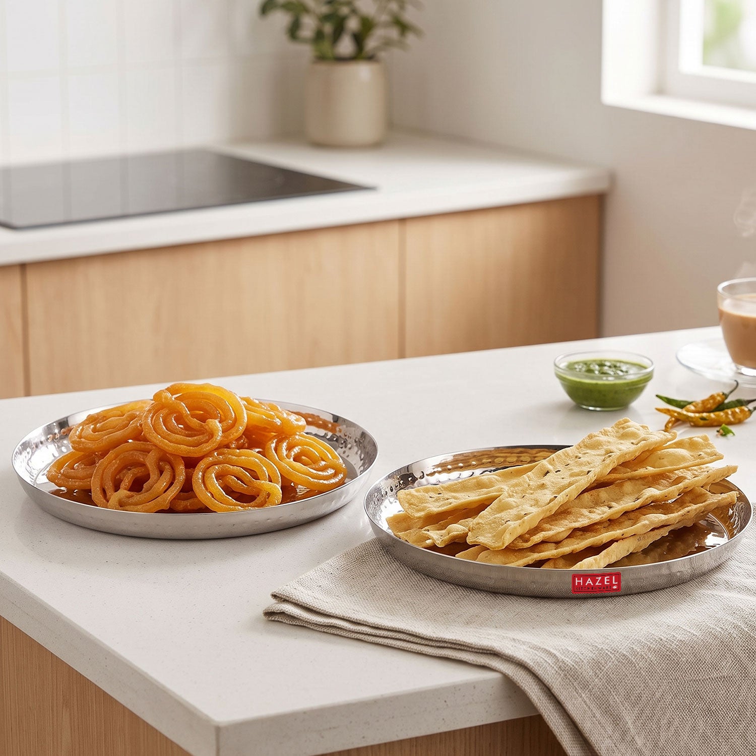 Stainless Steel Lunch Plate Set of 2, 23cm Hammered Thali Plate