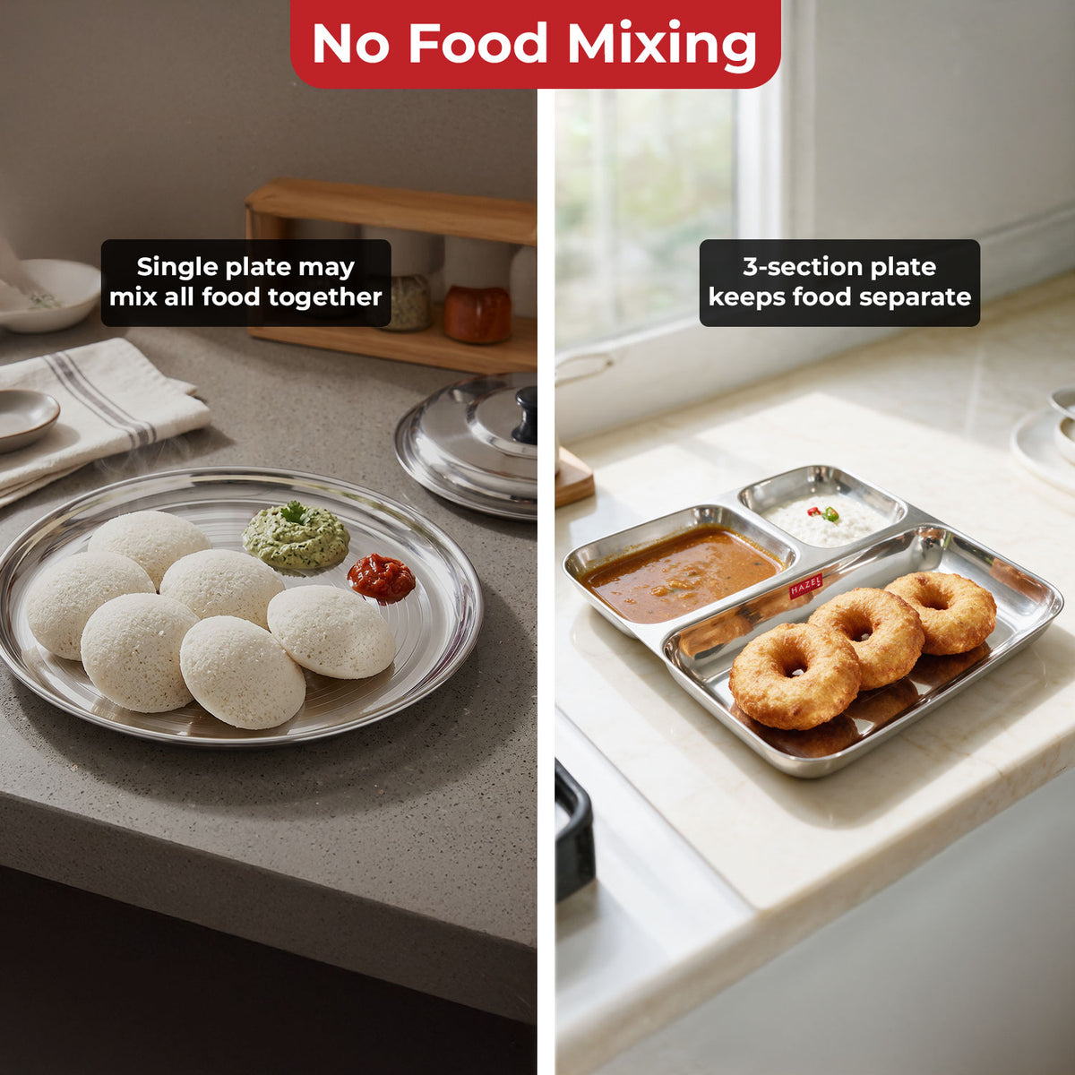 Stainless Steel 3 in 1 Section Plate, Pav Bhaji Thali, Set of 2 in a use presentation.