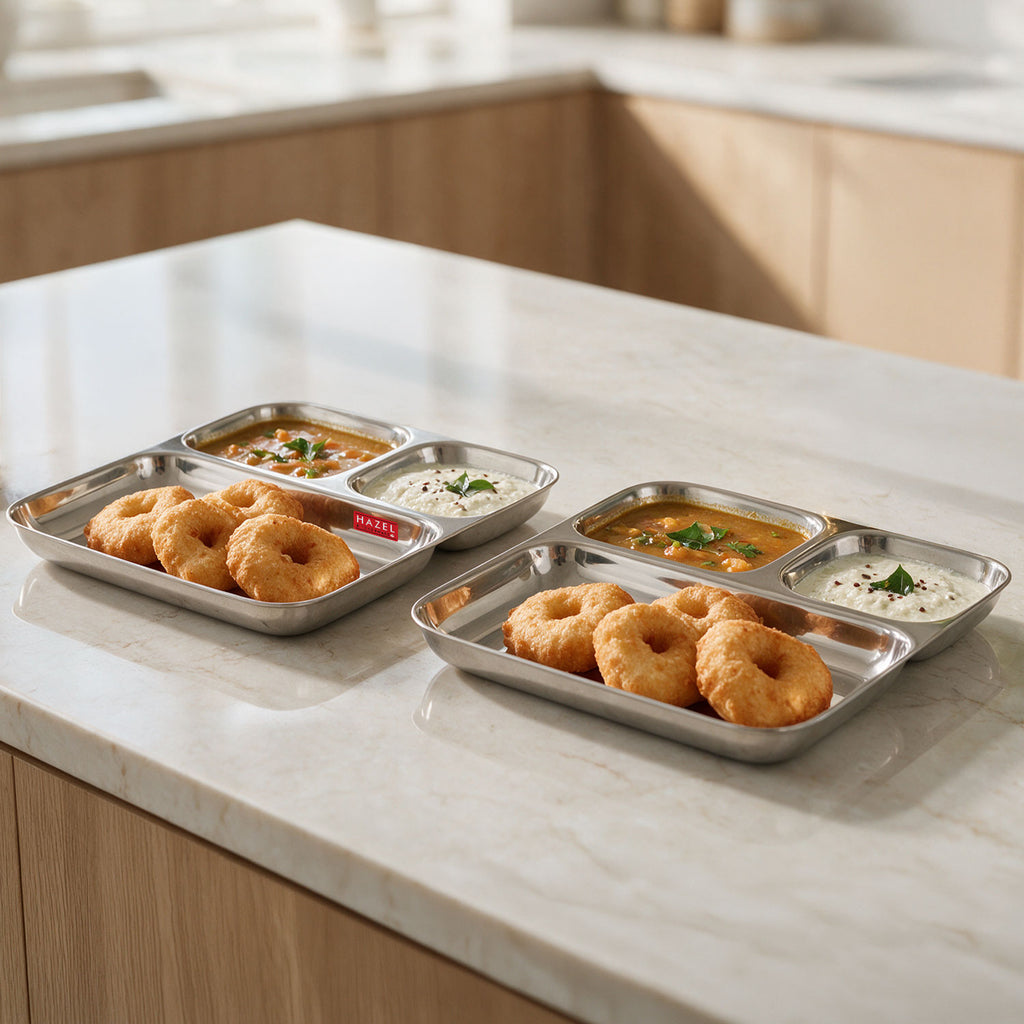 Stainless Steel 3 in 1 Section Plate, Pav Bhaji Thali, Set of 2