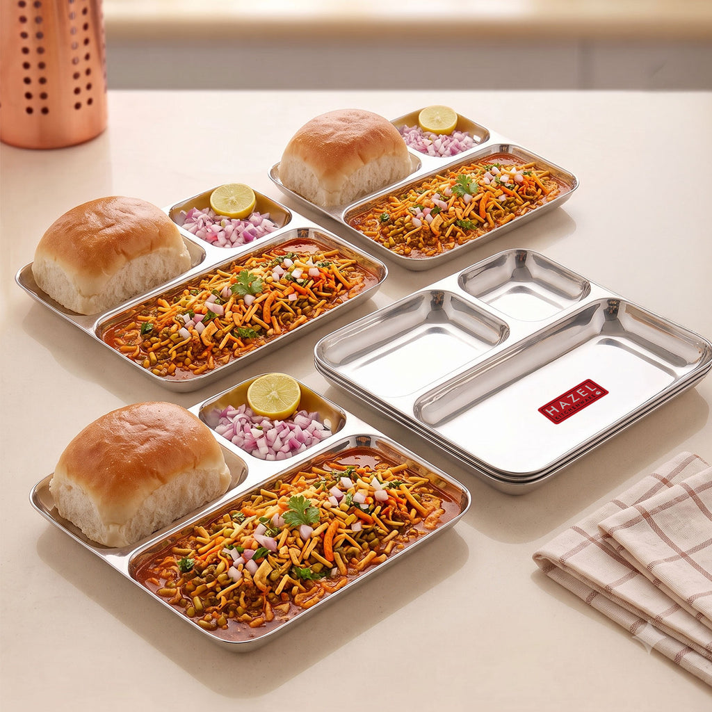 3 in 1 Pav Bhaji Plate, Stainless Steel Dinner Section Thali, Set of 6