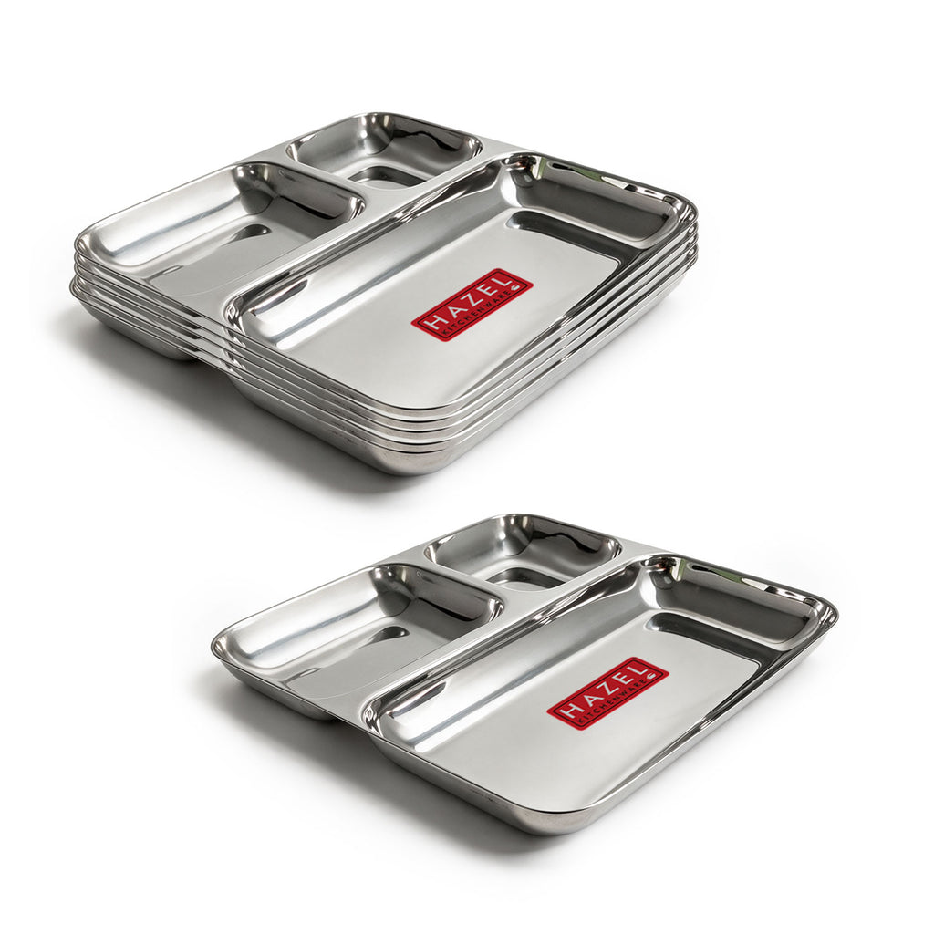 3 in 1 Pav Bhaji Plate, Stainless Steel Dinner Section Thali, Set of 6