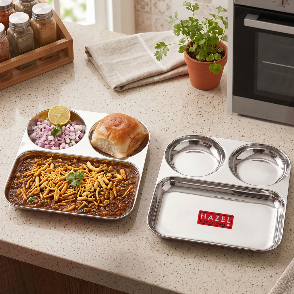 3 in 1 Plate Stainless Steel Pav Bhaji Plate Set of 2 Mess Tray