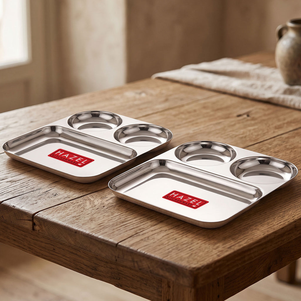 3 in 1 Plate Stainless Steel Pav Bhaji Plate Set of 2 Mess Tray