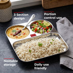 3 in 1 Plate Stainless Steel Pav Bhaji Plate Set of 2 Mess Tray