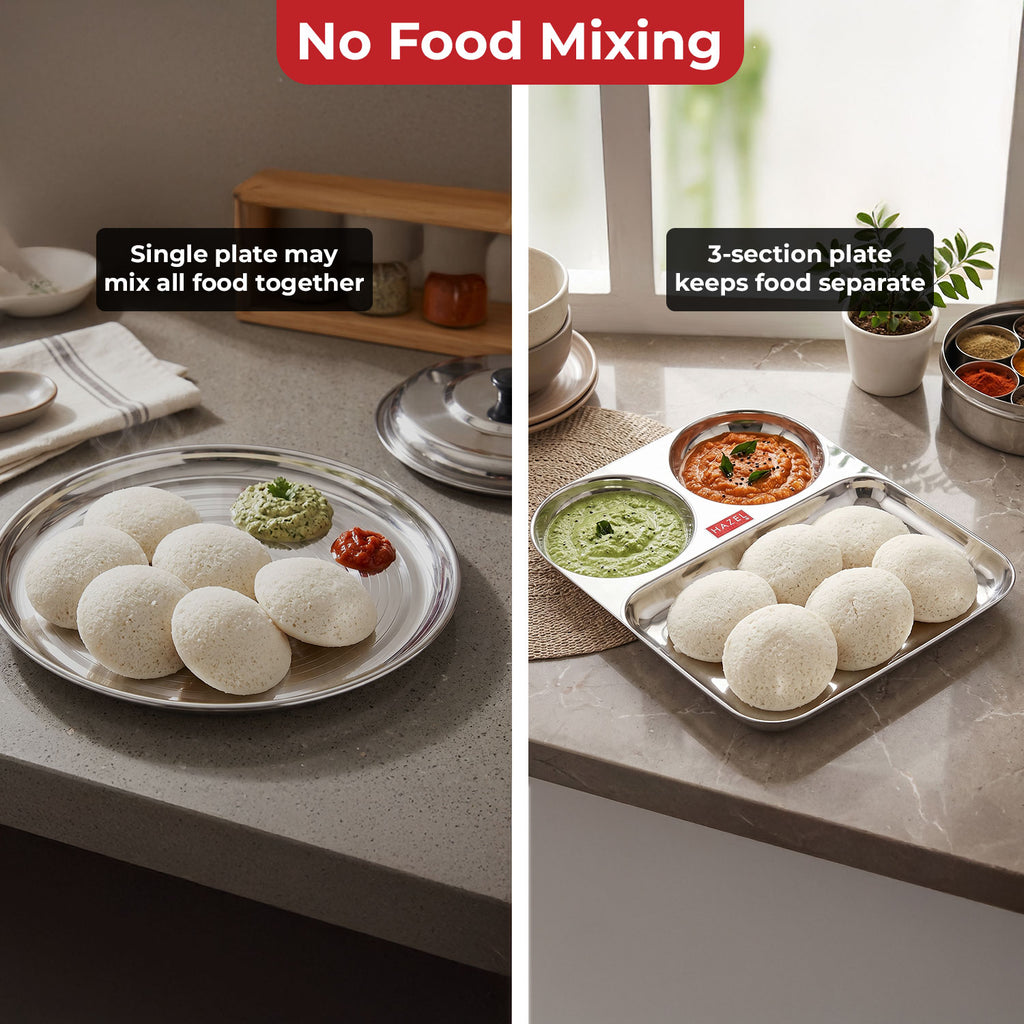 3 in 1 Plate Stainless Steel Pav Bhaji Plate Set of 2 Mess Tray