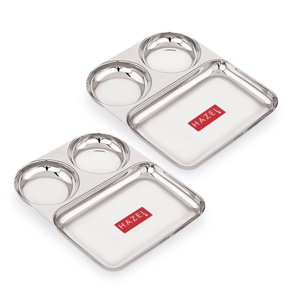 3 in 1 Plate Stainless Steel Pav Bhaji Plate Set of 2 Mess Tray