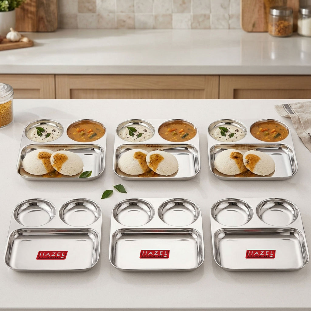 3 Section Plate Stainless Steel Bhojan Thali Set of 6 for Idli Sambar