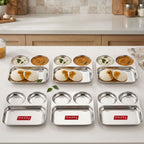 3 Section Plate Stainless Steel Bhojan Thali Set of 6 for Idli Sambar