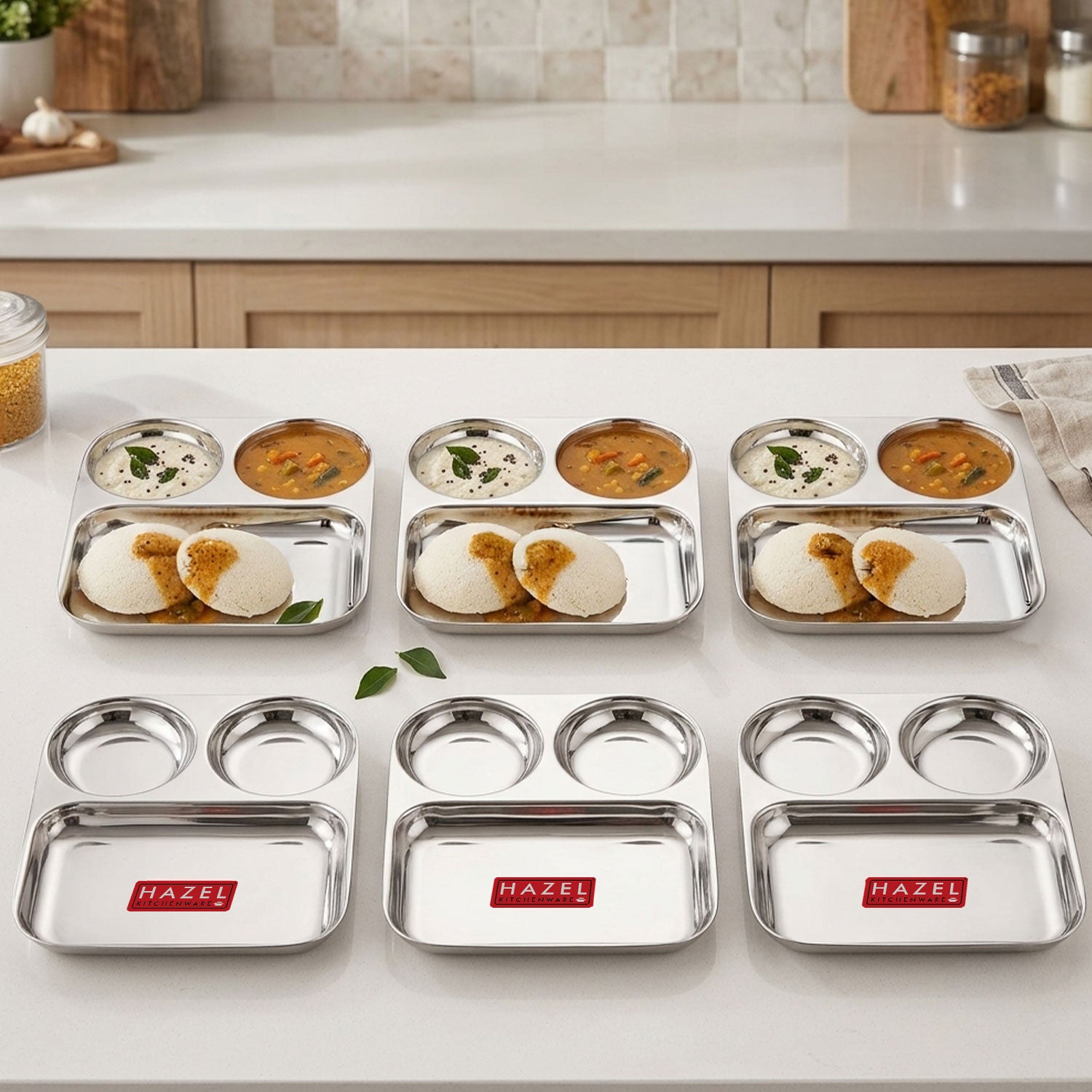 3 Section Plate Stainless Steel Bhojan Thali Set of 6 for Idli Sambar