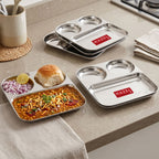 3 Section Plate Stainless Steel Bhojan Thali Set of 6 for Idli Sambar