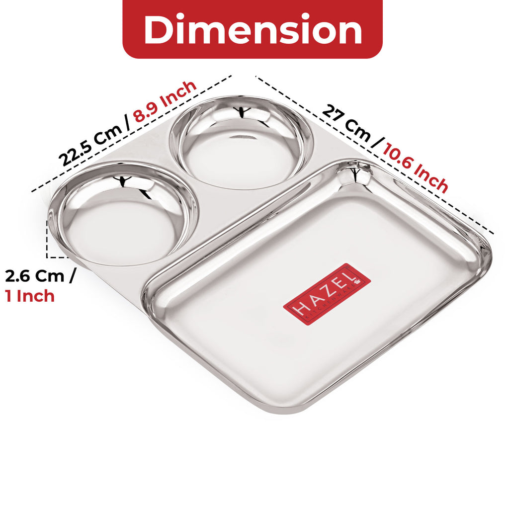 3 Section Plate Stainless Steel Bhojan Thali Set of 6 for Idli Sambar