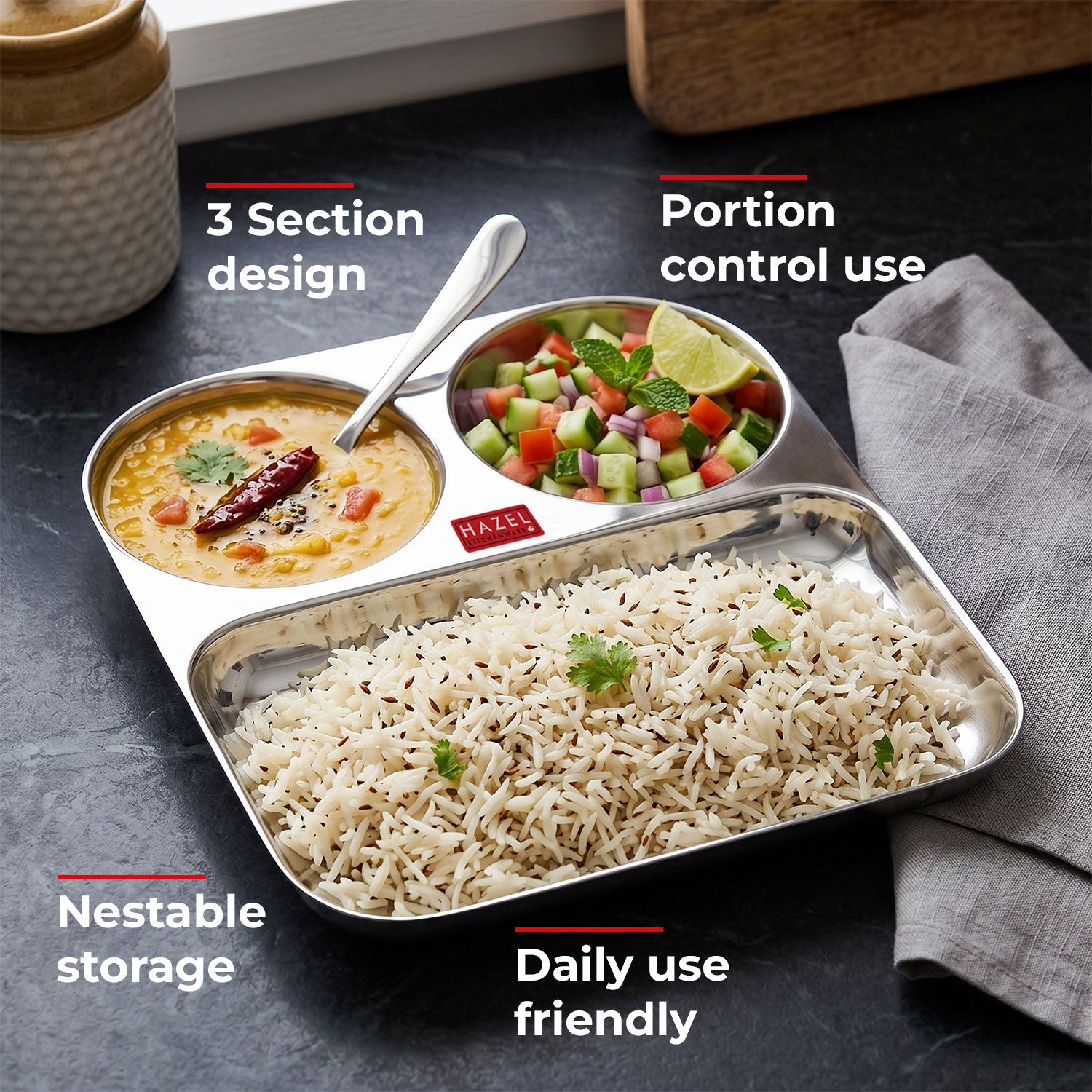 3 Section Plate Stainless Steel Bhojan Thali Set of 6 for Idli Sambar